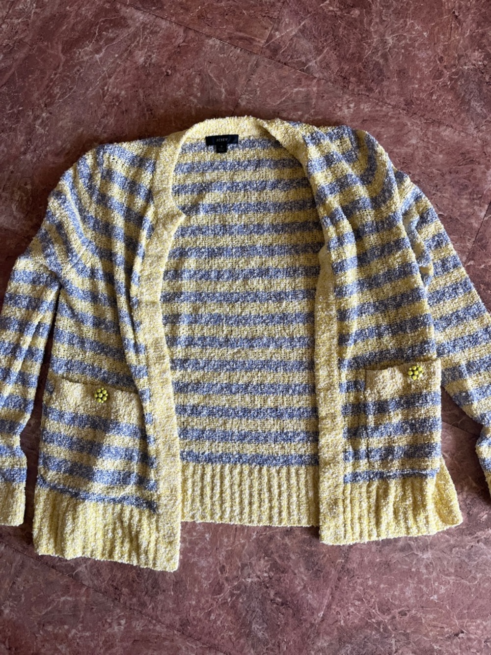 J. Crew Yellow and Gray Striped Open-Front Cardigan